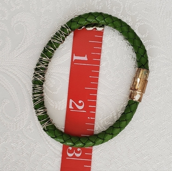 PAIR of Bracelets Hand Made Green Orange Beige Tan Beaded Wire Boho Unique Artsy - Picture 8 of 13